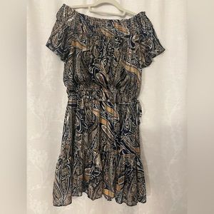 Off the shoulder dress. Navy blue with gold shimmer accents.